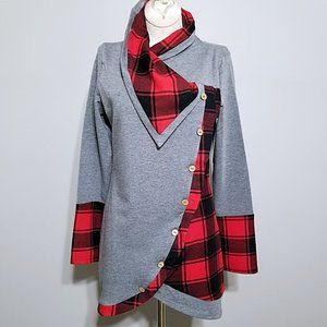New Dressfo US 6 Asymmetric Buffalo Plaid Tunic Top Cowl Neck Sweater Grey Red